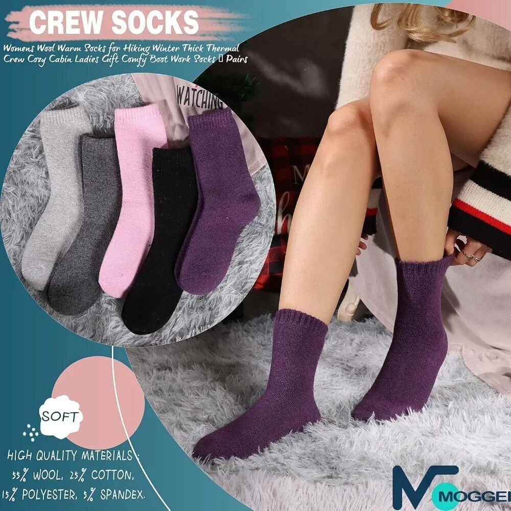 Women's Solid Color 5 Pairs Merino Wool Hiking Warm Winter Cozy Comfy Boot Socks